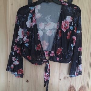 Sheer Black Floral Tie-Front Women's Top